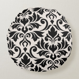 Flourish Damask Art I Black on Cream Round Pillow