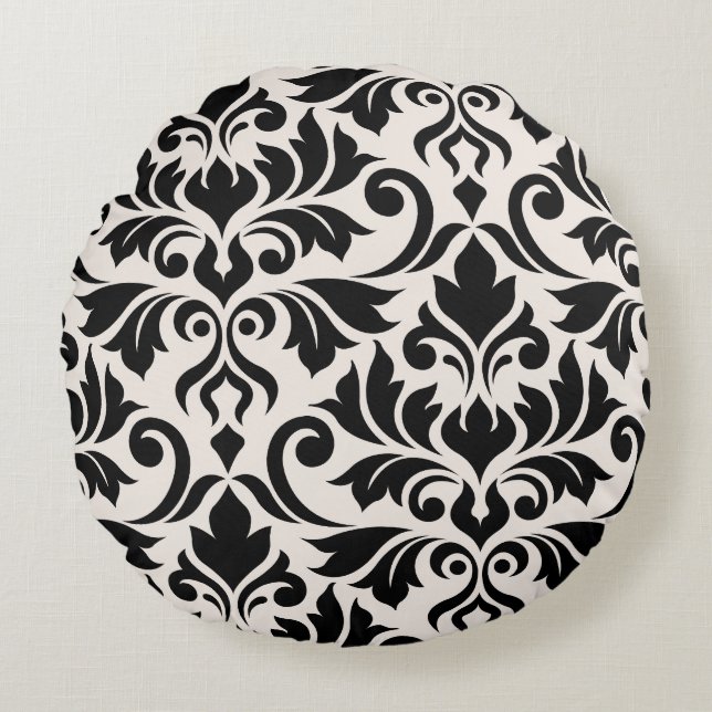 Flourish Damask Art I Black on Cream Round Pillow (Front)