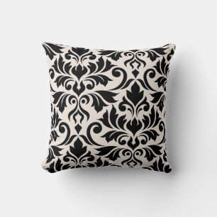 Flourish Damask Art I Black on Cream Throw Pillow
