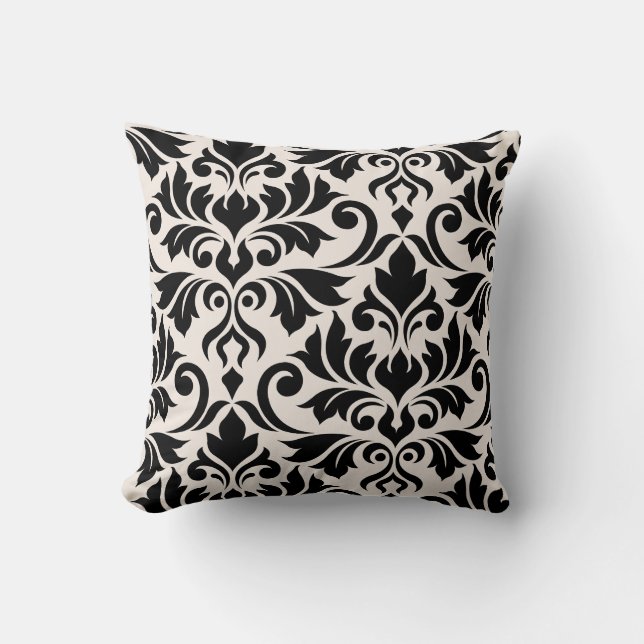Flourish Damask Art I Black on Cream Throw Pillow (Front)