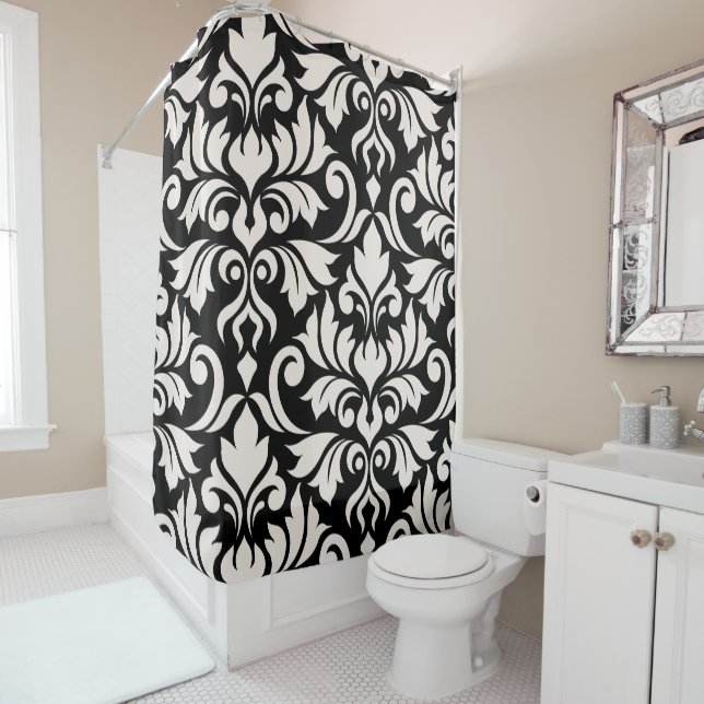 Flourish Damask Art I Cream on Black (In Situ)
