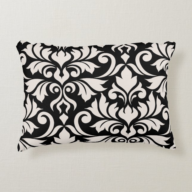 Flourish Damask Art I Cream on Black Accent Pillow (Front)