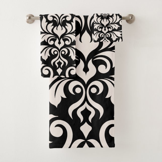 Flourish Damask Art I Cream on Black Bath Towel Set (Insitu)