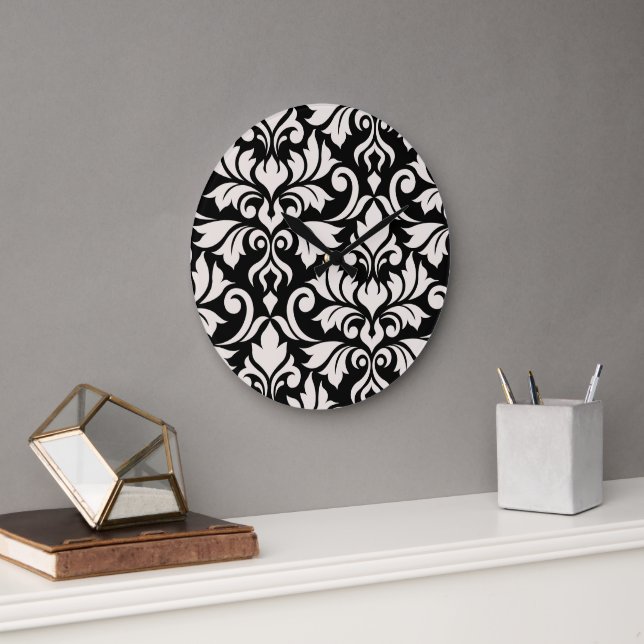 Flourish Damask Art I Cream on Black Large Clock (Office)