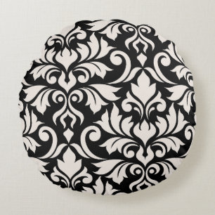 Flourish Damask Art I Cream on Black Round Pillow