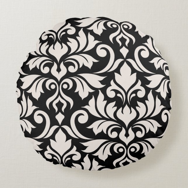 Flourish Damask Art I Cream on Black Round Pillow (Front)