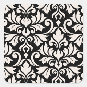 Flourish Damask Art I Cream on Black Square Sticker