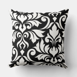 Flourish Damask Art I White on Black Throw Pillow