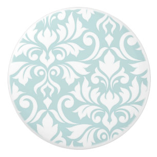 Flourish Damask Art I White on Duck Egg Blue Ceramic Knob