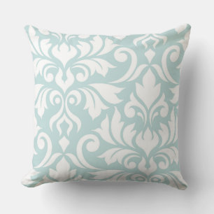 Flourish Damask Art I White on Duck Egg Blue Throw Pillow