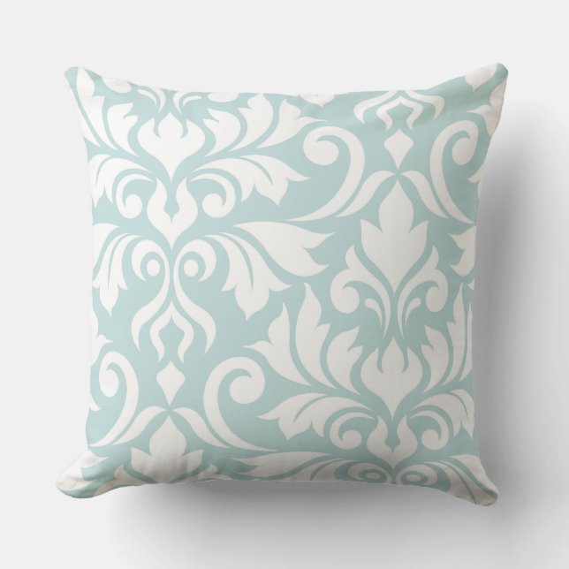 Flourish Damask Art I White on Duck Egg Blue Throw Pillow (Front)