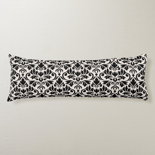 Flourish Damask Big Pattern Black on Cream Body Pillow (Front)