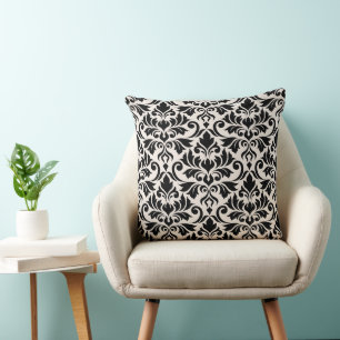 Flourish Damask Big Pattern Black on Cream Throw Pillow