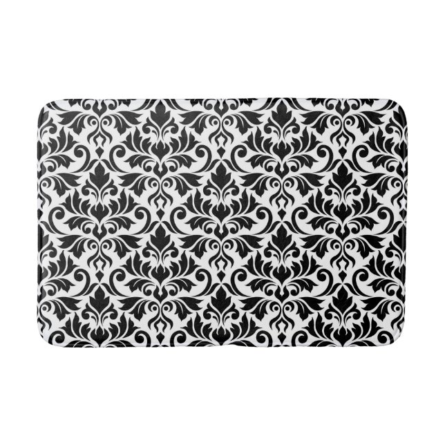 Flourish Damask Big Pattern Black on White Bath Mat (Front)
