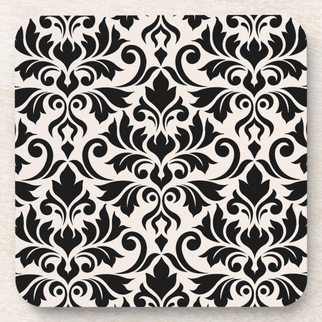 Flourish Damask Lg Pattern Black on Cream Coaster (Front)
