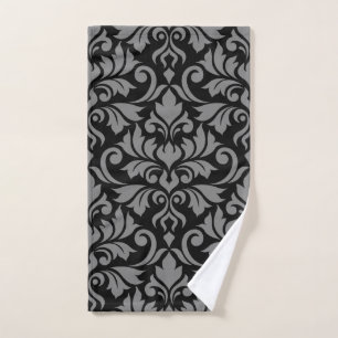 Flourish Damask Lg Pattern Grey on Black Hand Towel