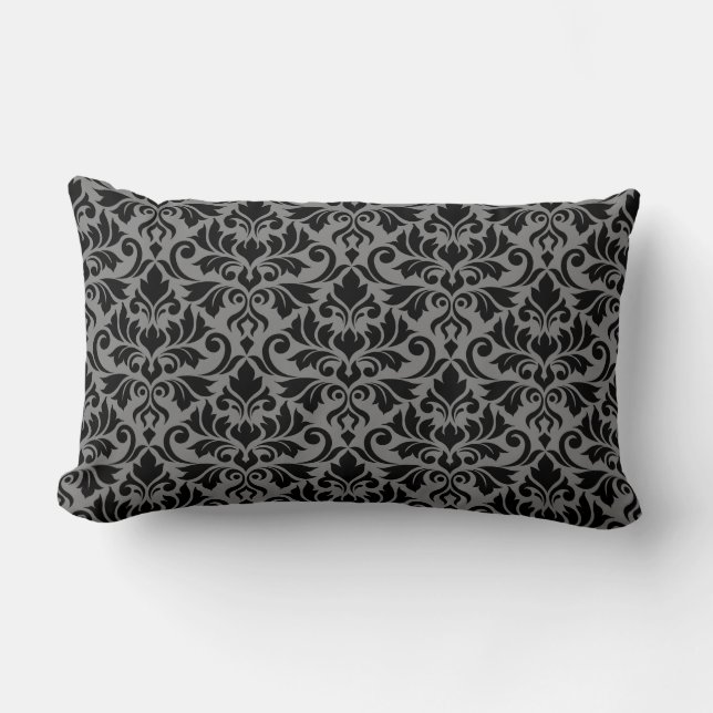 Flourish Damask Pattern Black & Grey Lumbar Pillow (Front)