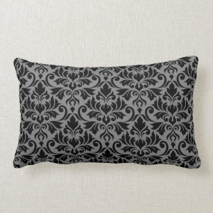 Flourish Damask Pattern Black & Grey Lumbar Pillow