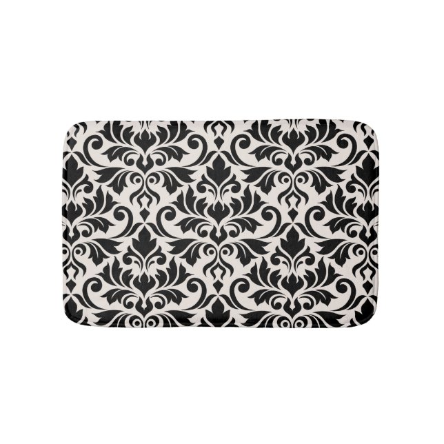 Flourish Damask Pattern Black on Cream Bath Mat (Front)