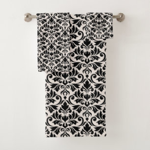Flourish Damask Pattern Black on Cream Bath Towel Set
