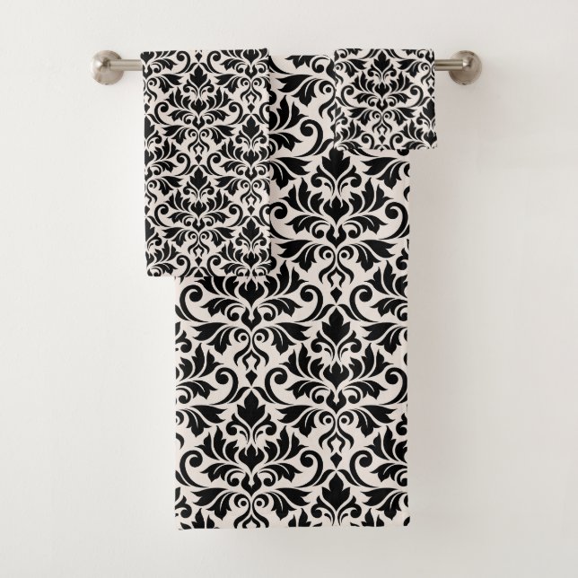 Flourish Damask Pattern Black on Cream Bath Towel Set (Insitu)