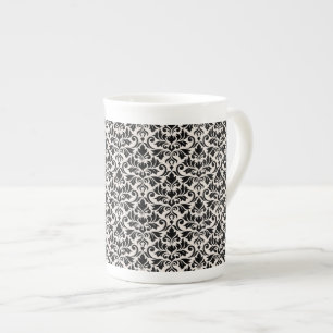 Flourish Damask Pattern Black on Cream Bone China Mug