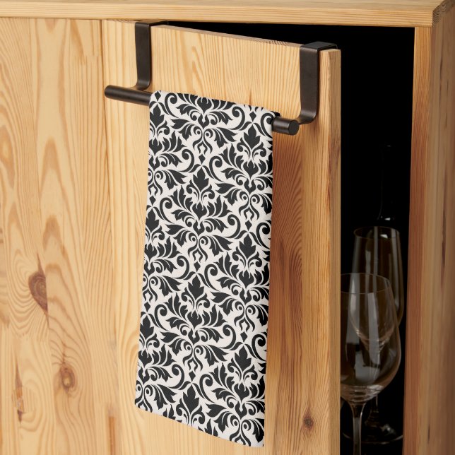 Flourish Damask Pattern Black on Cream Kitchen Towel (Thirds Fold)