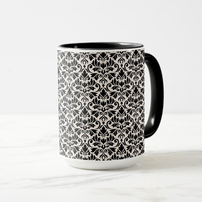 Flourish Damask Pattern Black on Cream Mug (Front Right)