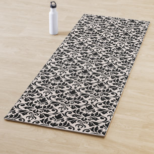 Flourish Damask Pattern Black on Cream Yoga Mat