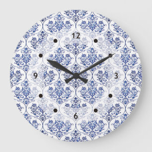 Flourish Damask Pattern - blue Large Clock