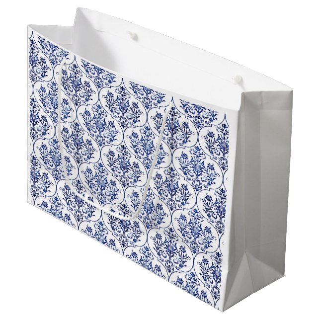 Flourish Damask Pattern - blue + your idea Large Gift Bag (Front Angled)