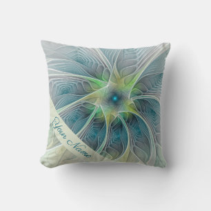 Flourish Fantasy Modern Art Blue Green Flower Name Throw Pillow