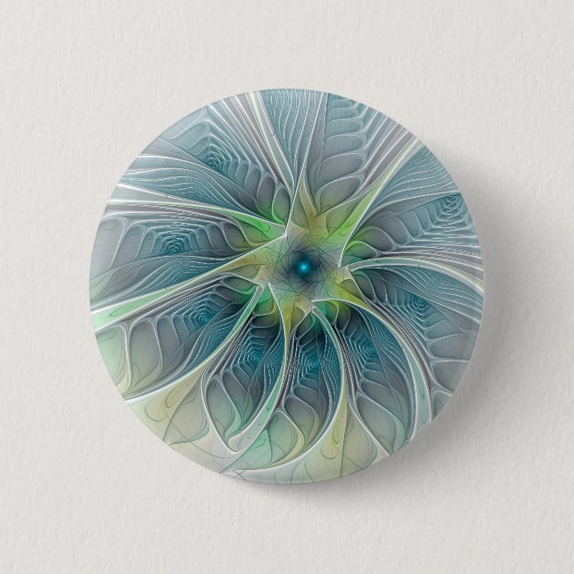 Flourish Fantasy Modern Blue Green Fractal Flower 2 Inch Round Button (Front)