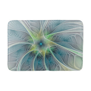 Flourish Fantasy Modern Blue Green Fractal Flower Bath Mat