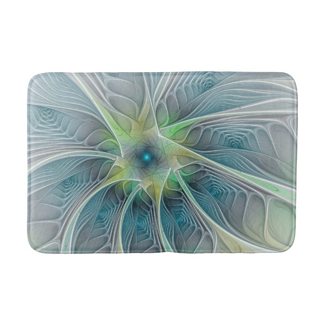 Flourish Fantasy Modern Blue Green Fractal Flower Bath Mat (Front)