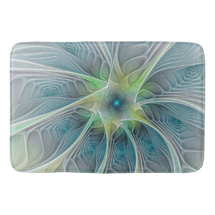 Flourish Fantasy Modern Blue Green Fractal Flower Bath Mat