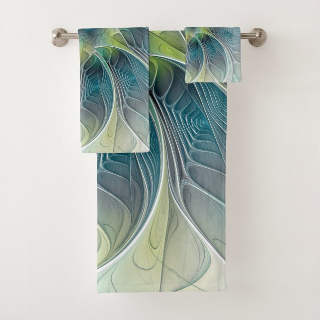 Flourish Fantasy Modern Blue Green Fractal Flower Bath Towel Set (Insitu)