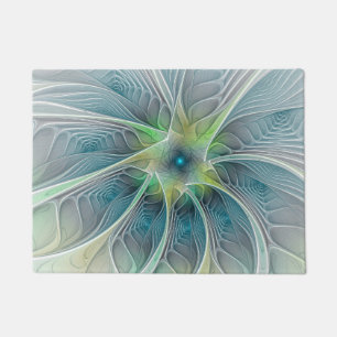 Flourish Fantasy Modern Blue Green Fractal Flower Doormat