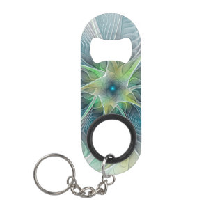 Flourish Fantasy Modern Blue Green Fractal Flower Keychain Bottle Opener