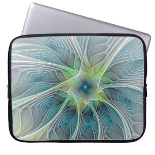 Flourish Fantasy Modern Blue Green Fractal Flower Laptop Sleeve