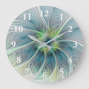 Flourish Fantasy Modern Blue Green Fractal Flower Large Clock