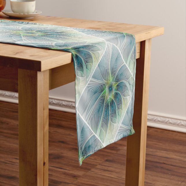 Flourish Fantasy Modern Blue Green Fractal Flower Short Table Runner (In Situ)