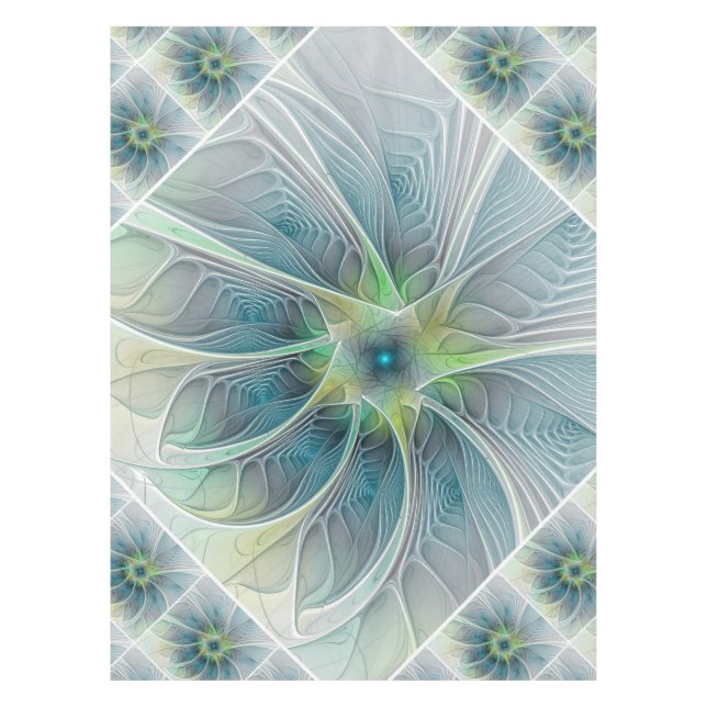 Flourish Fantasy Modern Blue Green Fractal Flower Tablecloth (Front)