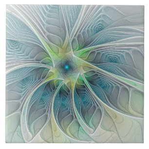 Flourish Fantasy Modern Blue Green Fractal Flower Tile