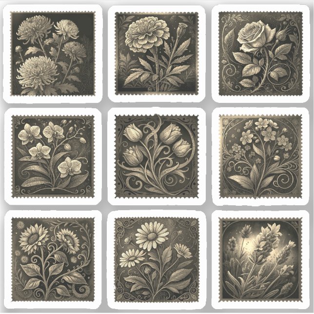 Flourish Flowers Postage Stamps Drawing Gold (Front)