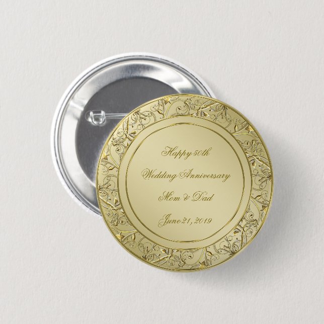 Flourish Gold 50th Wedding Anniversary 2 Inch Round Button (Front & Back)
