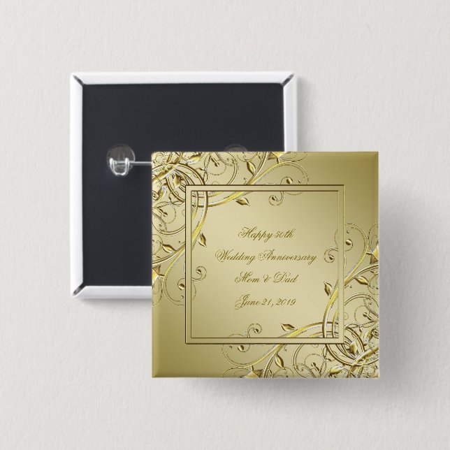 Flourish Gold 50th Wedding Anniversary 2 Inch Square Button (Front & Back)