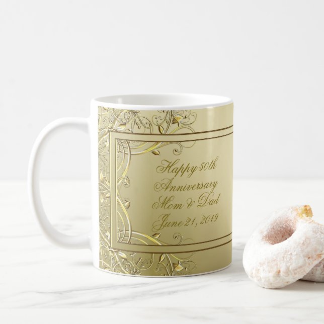 Flourish Gold 50th Wedding Anniversary Coffee Mug (With Donut)