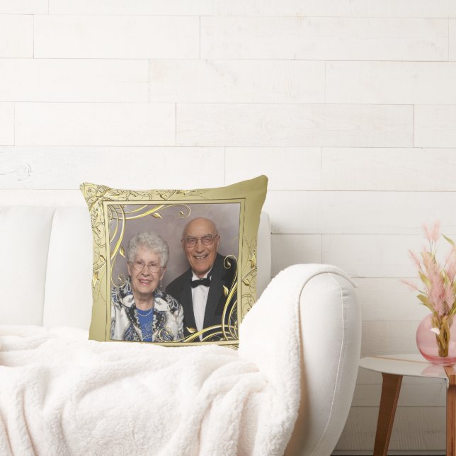 Flourish Gold 50th Wedding Anniversary Photo Throw Pillow (Couch)