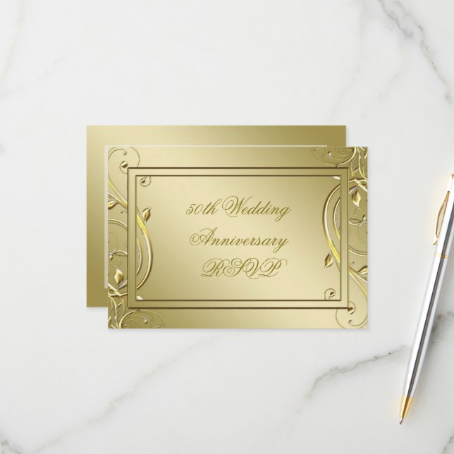 Flourish Gold 50th Wedding Anniversary RSVP Card (Front/Back In Situ)